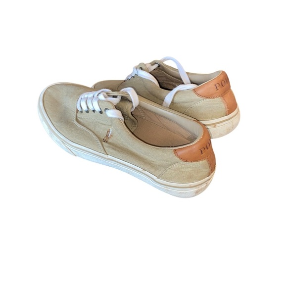 Polo Ralph Lauren Keaton Canvas Sneaker Tan w/ cognac leather embroidered polo - Picture 6 of 13